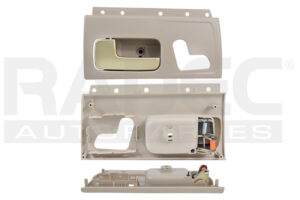 012-1806-05 MANIJA INTERIOR LC TOWN CAR EXECUTIVE 03-11 CON HOYO PARA CONTROL DE ASIENTO CON BASE BEIGE/DORADO PLASTICO DELANTERA IZQ