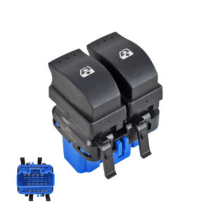 222-2601-07 CONTROL ELEVADOR RN CLIO EURO 07-12 10 PINS 2 TECLAS NEGRO BASE AZUL DOBLE CLICK 12VCC MNJ IZQ Delantera