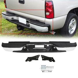 DED220 DEFENSA TRAS CHEV SILVERADO/ CHEYENNE/ GMC SIERRA 99-06 CROMADA C/HULES C/BRAZOS COMPLETA CAJON NORMAL