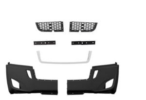 MZ-8680CE-01 DEFENSA ALERON FR FREIGHTLINER 18-25 LATERAL C/HOYO P/FARO NIEBLA C/REFUERZO Y REJILLA CENTRAL 3 PARTES  (MOLDURA CENTRAL CROMADA) CORRUGADA COMPLETA